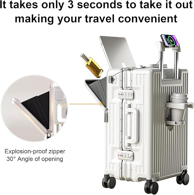 2-Piece Hardshell Zipperless Luggage Set, 20/26" Aluminum Frame Hardshell Spinner Luggage, Airline Approved Carry-On Luggage, TSA Lock, 360° Quiet Wheels With Cup Holder (White)