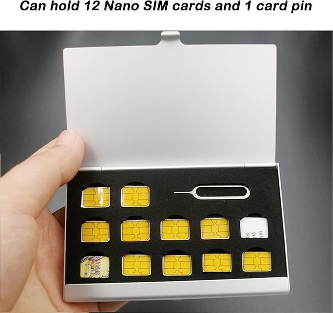 Aluminum SIM Card Case, Universal Waterproof Slim Mini Card Slots Storage Case, Sim Card Travel Case Can Hold 12 Nano SIM Card &1 Cell Phone Eject Pin Slots (Silver) + 1 Card Pin