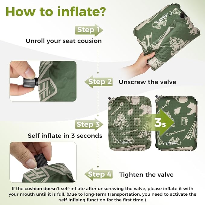 ATEPA Inflatable Stadium Seat Cushion, Self-Inflating Memory Foam Stadium Seats Bleacher Seat Chair Cushion Pad for Airplane Travel Backpacking Sports Events