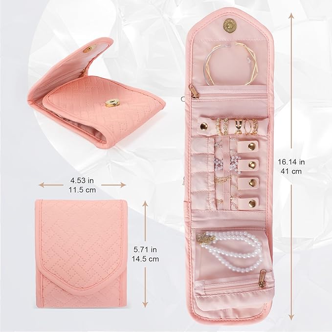 emissary Small Jewelry Travel Case Organizer for Necklace, Earrings, Rings, Bracelet, Jewelry Storage, Earring Storage, Necklace Storage, Valentines Day Gifts Pouch Bag Accessories for Travel (Pink)