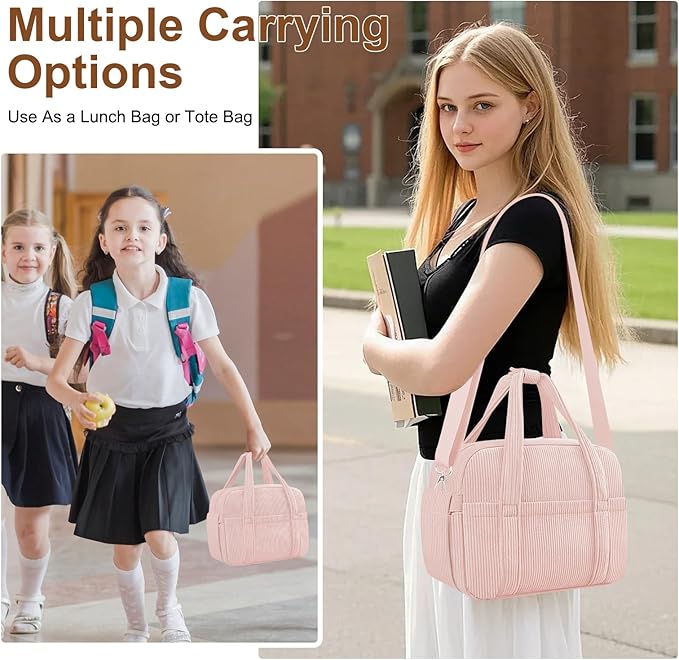 Corduroy Lunch Box Lunch Bag for Women Men, Cute Strawberry Small Insulated Reusable Work Leakproof Simple Lunch Boxes Tote Bag Adults Cooler Bag