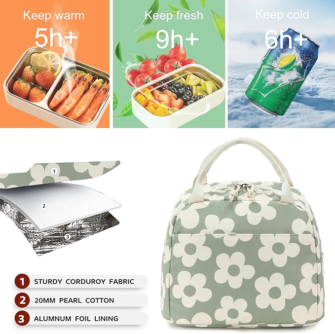 Bluboon Lunch Bag for Women Men Cute Corduroy Lunch Tote Bags Reusable Insulated Lunch Box Large Capacity Reusable Insulated Cooler for Work Picnic or Travel