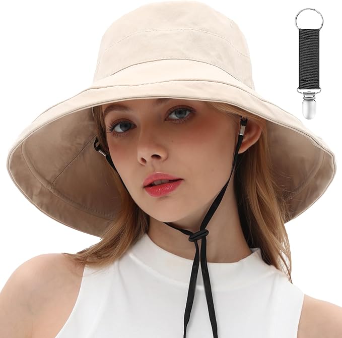 vidsel Womens Sun Hats Wide Brim Reversible Bucket Cotton Hat Packable Summer Travel Cap with Hat Clip,UV Protection