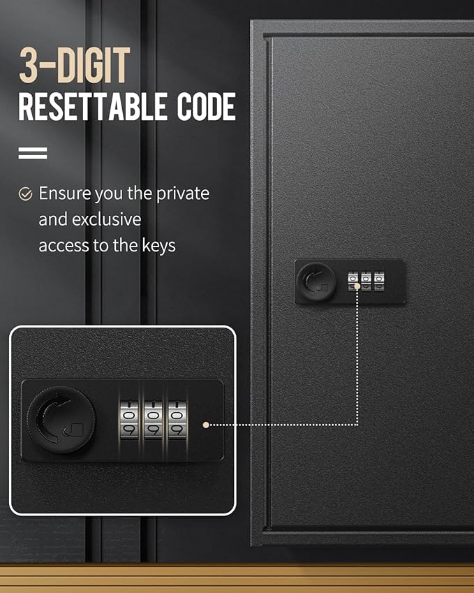 Uniclife 60 Position Slotted Key Cabinet with Combination Lock Resettable Black Digital Security Storage Box Steel Key Organizer with Slotted Racks White Key Tag Labels and Permanent Pen