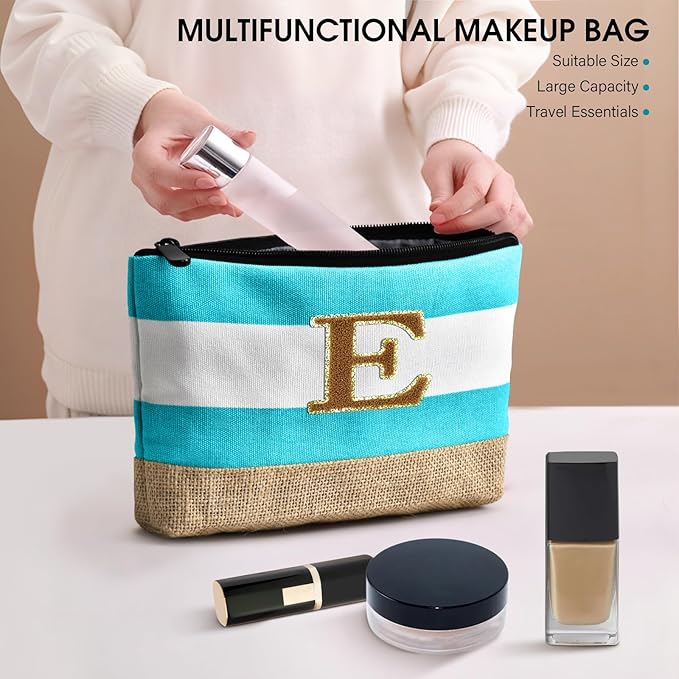 Becokan Beach Bag Initial Beach Tote with Makeup Bag for Travel Work Storage Personalized Birthday Gifts for Women Her