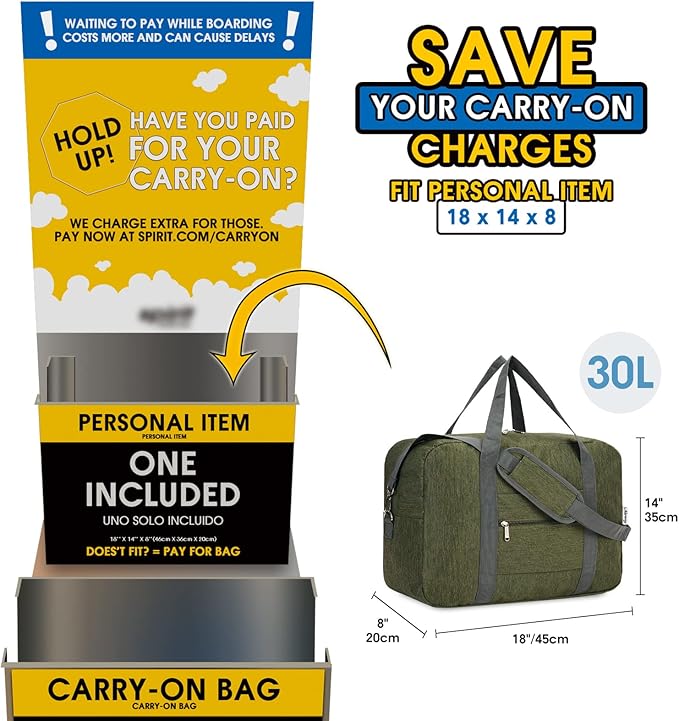 For Spirit Airlines Personal Item Bag 18x14x8 Foldable Travel Duffel Bag Tote Duffle Carry on Luggage for Women and Men 30L (Army Green (With Shoulder Strap))