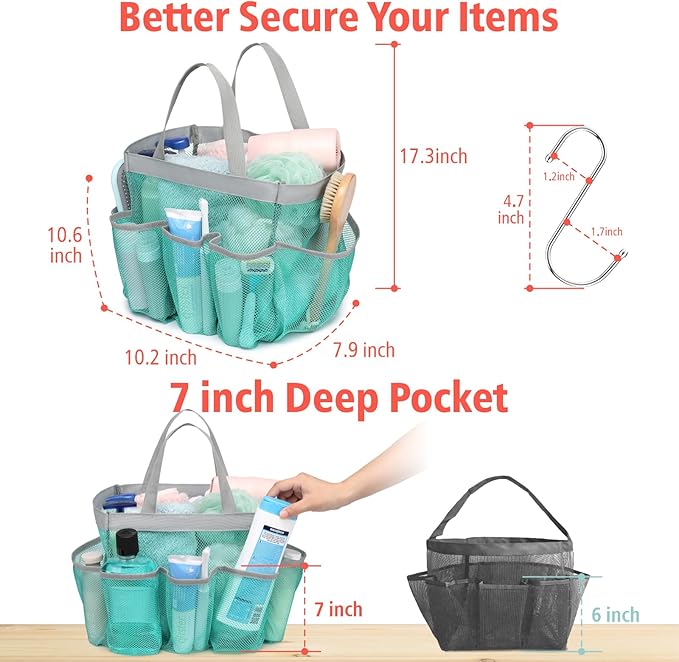 F-color Mesh Shower Caddy Portable - 2 Handles Upgrade Deeper 7 Pockets Basket Bag Tote for College Dorm Room Toiletry Bathroom Essentials Gym Camp Quick Dry with S Hook, 2 Pack Mint Green