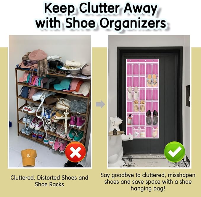 Over the Door Shoe Organizer with 30 Breathable Mesh Pockets - Large Capacity Closet Storage for Men & Women, Hanging Shoe Rack Organizer -Pink