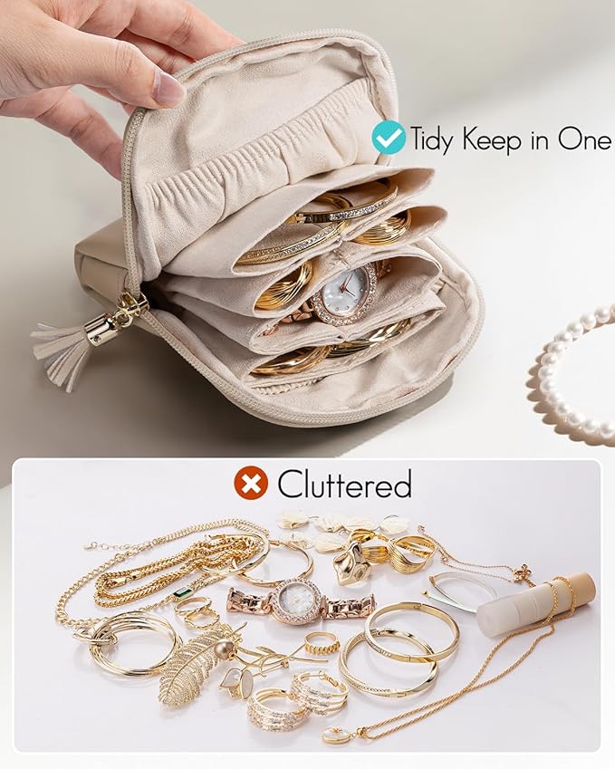 Vlando Small Jewelry Travel Case,Jewelry Pouch Bags with Zipper,Velvet Jewelry Organizer Storage Bag for Bracelet Rings Earring Travel Essentials Gifts for Women Girl-Toffee