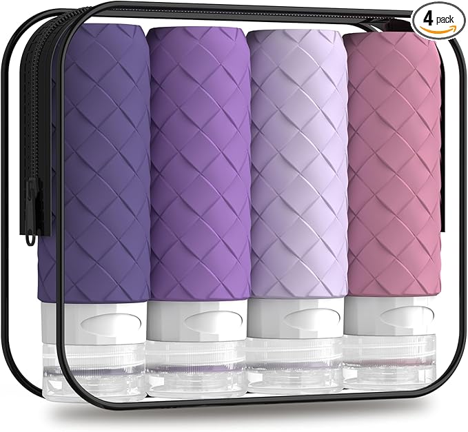 Travel Bottles for Toiletries, TSA Approved Silicone Travel Size Containers for Toiletries, BPA Free Leak Proof Refillable Essentials Accessories, Shampoo and Conditioner Bottles (Purple)
