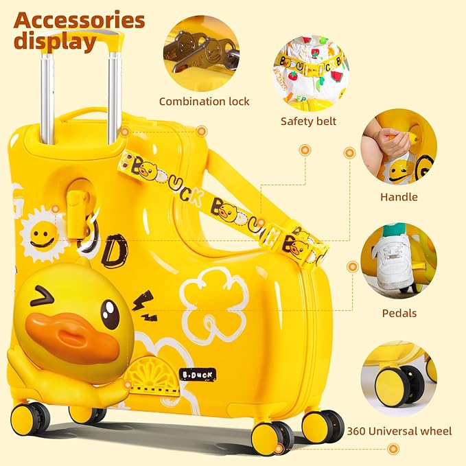 Kids' Lightweight Ride on Luggage with Spinner Wheels & Foldabe Design (Yellow Good, 20"+ Aged 1-3 Toddler)