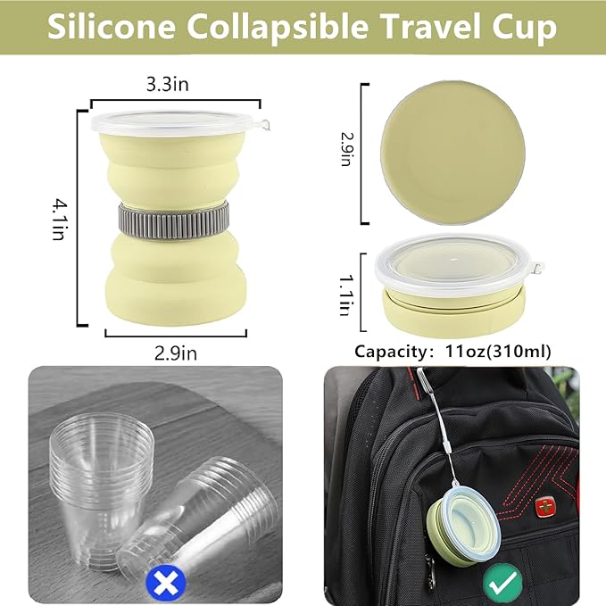 IYYI Collapsible Travel Cup, 10.5 OZ Foldable Cup with Lid, Silicone Folding Cups for Camping, Hiking, Outdoors, Travel, Portable Camping Mug (Pink+Gray)