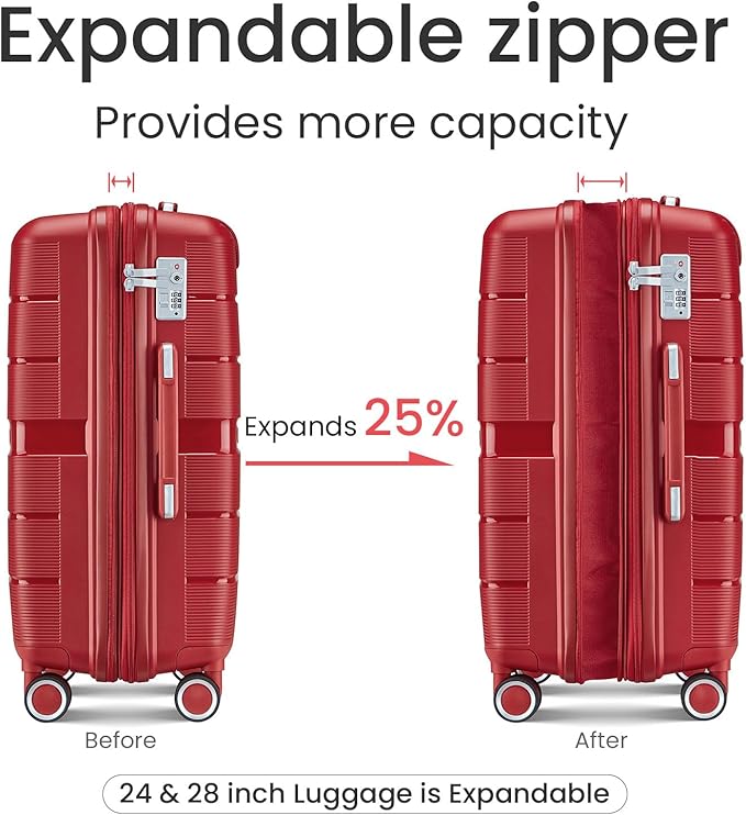 Campfun Luggage 4 Piece Sets, Expandable Carry On Luggage Set Hardshell PP, Suitcase Set with Double Spinner Wheels, Checked Durable Lightweight with TSA Lock, 14/20/24/28in, Red(A)
