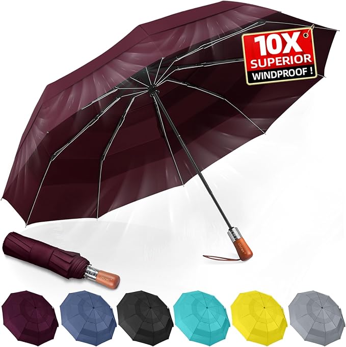 3T Wind Armor Travel Umbrella Compact Easy Auto Open Close Folding Umbrellas for Rain Windproof Umbrella for Women and Men Durable Real Wood Handle Portable Fits Backpack Car