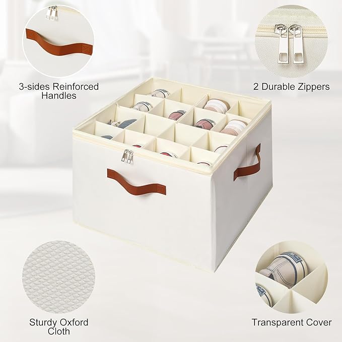 Shoe Organizer for Closet, Foldable Shoe Storage Bins with Clear Cover, Large Shoe Box Storage Container with Adjustabele Dividers, Fits up to 16 Pairs, White