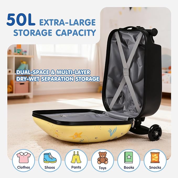 smilesun 4-in-1 Detachable Scooter Luggage for Kids & Teens – Hardside Ride-On Suitcase with Led Light Up Wheels, Dinosaur Design, Lightweight Foldable, Perfect Travel Gift for Boys(Yellow 22-inch)
