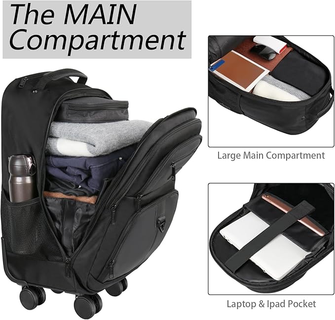 MATEIN Roller Backpack, 18 inch Large Travel Laptop Bag with 4 Wheels for Adults, Heavy Duty Wheeled Suitcase Luggage Pack for Work Business, Rolling Spinner Computer Rucksack for Men Women, Black