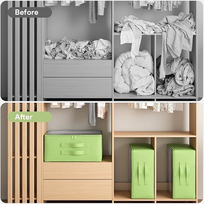 Clothes Storage Bags, Foldable Thick Fabric Blanket Storage Bags, Large Clear Window & Carry Handles, Great for Clothes, Blankets, Closets, Pillows, Toys (Green, Extra-4Pack)