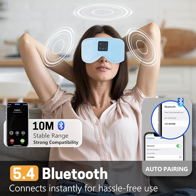 Sleep Mask with Bluetooth Headphones 3D Contour Sleeping Headphones 5.4 Wireless Bluetooth, Ultra-Thin Stereo Speakers Blackout Eye Masks for Men Women Travel Sleep