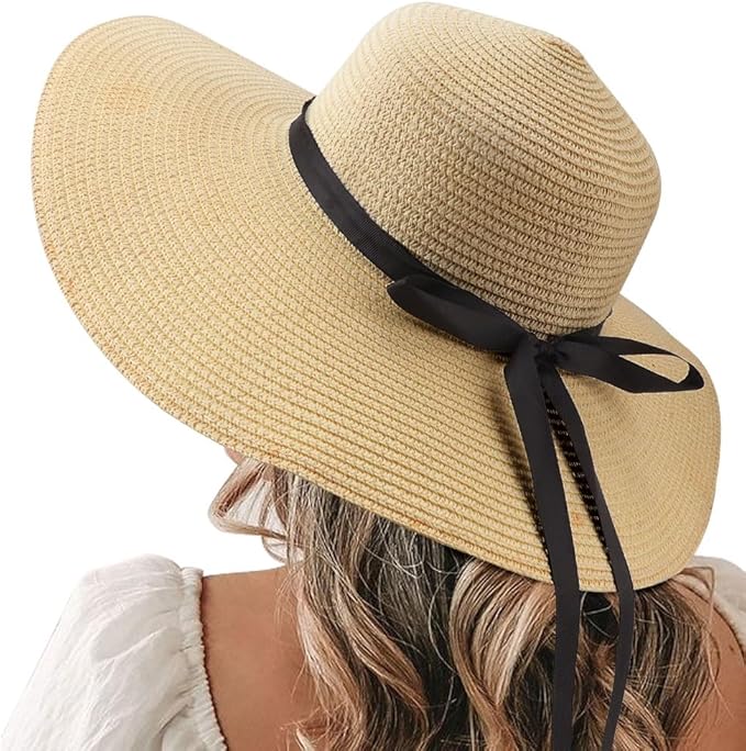 DRESHOW Beach Hats for Women Big Straw Wide Brim Summer Hat Floppy Foldable Roll up Cap Sun Hat UPF 50+