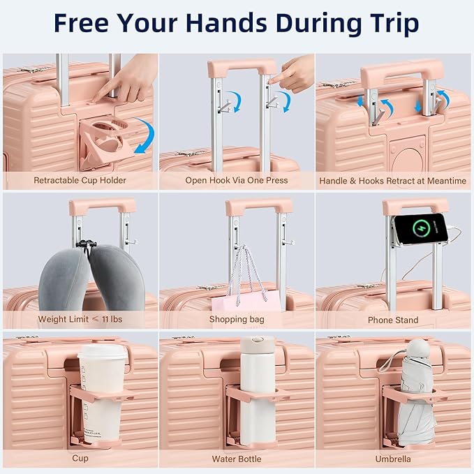 Hard Shell Suitcases Expandable Travel Luggage Sets 3 Piece, Carry on and Check in 3 Piece Luggage Suitcase Sets with Spinner Wheels Cup Holder Charger Built in (Pink, 20/24/28)