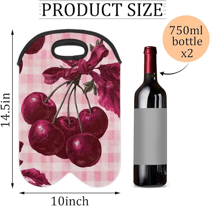 Neoprene Wine Tote, Bottle Carrier Gag Insulating Neoprene Thicker, Insulated Wine Bag for Travel Holds Two Bottles, Bottle Carrier Bags Protect the Bottles, Cherry