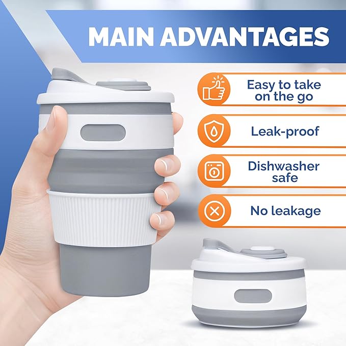 2-Pack Collapsible Coffee Cup Reusable – 12oz Leakproof Travel Coffee Mug, Silicone, Foldable & Portable for Hiking, Camping, Office | Lightweight, Heat-Resistant, Easy to Clean, Outdoor & Travel Cup