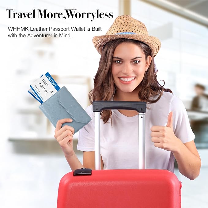 Leather Passport Holder for Travel,Passport Book Holder,Rfid Blocking Travel Wallet Protect Your Card Security,Travel Document Organizer for Men Women,Airport Essentials Gift (Blue)