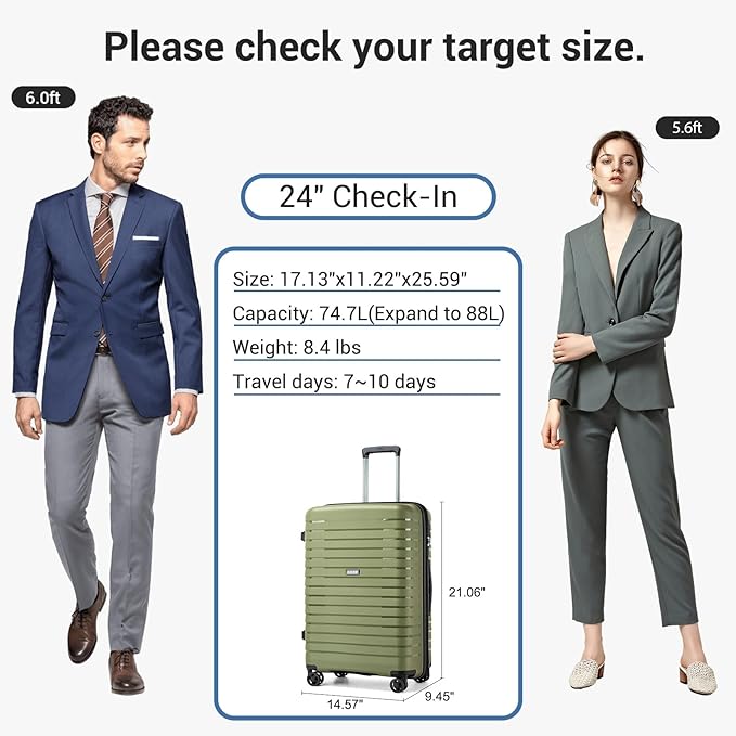 Kono 24 Inch Expandable Luggage Suitcase with Spinner Wheels, Durable Hardside Checked Luggage with Hidden Cup Holder, Lightweight Hard Shell Medium Suitcase with TSA Lock(Green)
