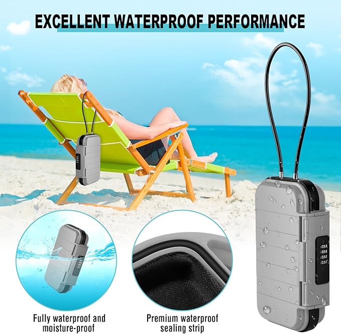 HUANLANG Portable Safe Lock Box with Combination Lock Mini Beach Travel Safe Waterproof Small Lockable Box with Removable Wire Rope Combination Safe Box for Dorm,Travel,Beach,Hotel,Car,Home,Office