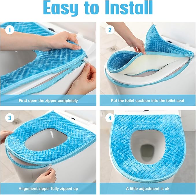 Riakrum 4 Pcs Toilet Seat Covers Pads for Bathroom Comfortable Toilet Seat Cushion Cover Soft Thicker Warmer Washable Pad with Zipper Home Reusable(Elegant,Blue, Gray, Brown, Red)