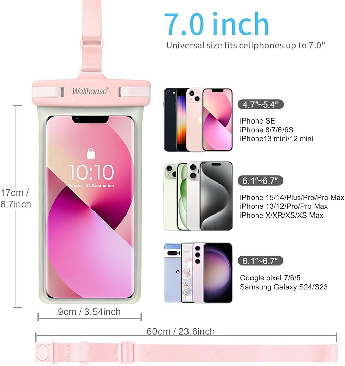 wellhouse Waterproof Phone Pouch, Waterproof Phone Case for iPhone 16 15 14 13 12 Pro Max XS Samsung, IPX8 3D Cellphone Dry Bag Beach Essentials (2 Pack - Luminous Blue & Pink7.0, 7 inch)