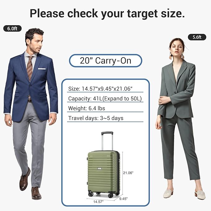 Kono 20 Inch Expandable Carry On Luggage with Spinner Wheels, Durable Hardside Luggage with Hidden Cup Holder, Lightweight Hard Shell Carry On Suitcase Airline Approved with TSA Lock(Green)