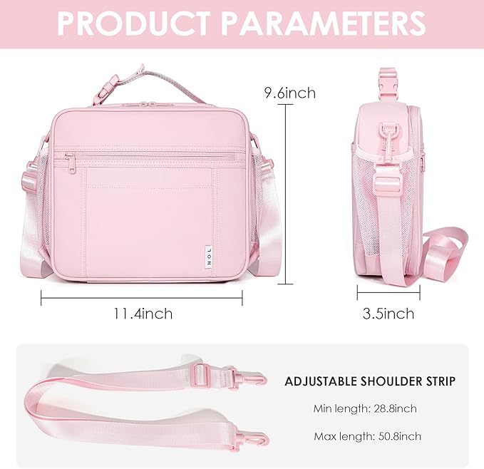 NOL Kids Lunch Bag - Kids 3+ Reusable Insulated Lunch Box with Zipper Closure Buckle Handle Adjustable Long Shoulder Strap, Easy-Clean Waterproof Fabric, Children Lunch Tote Bag for School -Pink