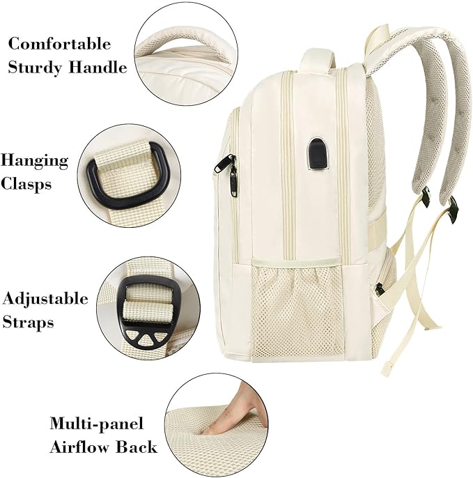 MATEIN Beige Laptop Backpack 15.6 Inch, Lightweight Sturdy Bag for College Supplies with USB Charging Port, Water Resistant Anti Theft Travel Computer Daypack Fashion Work Nurse Bag Gift for Women