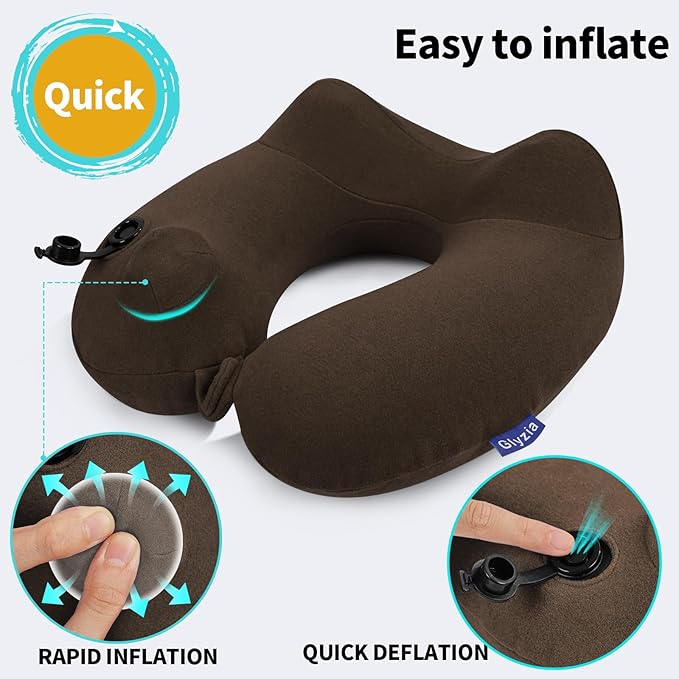 Inflatable Travel Neck Pillow for Airplane, Head Support Velvet Adult Neck Pillow for Long Flight, Kit with Eye Mask, Earplugs and Storage Bag,1, Brown