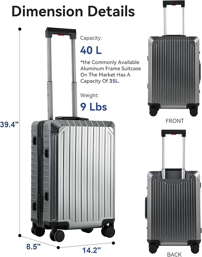 Mvst Luggage Premium All Aluminum Magnesium Carry On 20'' Lightweight Metal,Suitcase with Spinner Wheels Built-in Toiletry Set, Luggage Protector（silvery） (Grey, 20inch)
