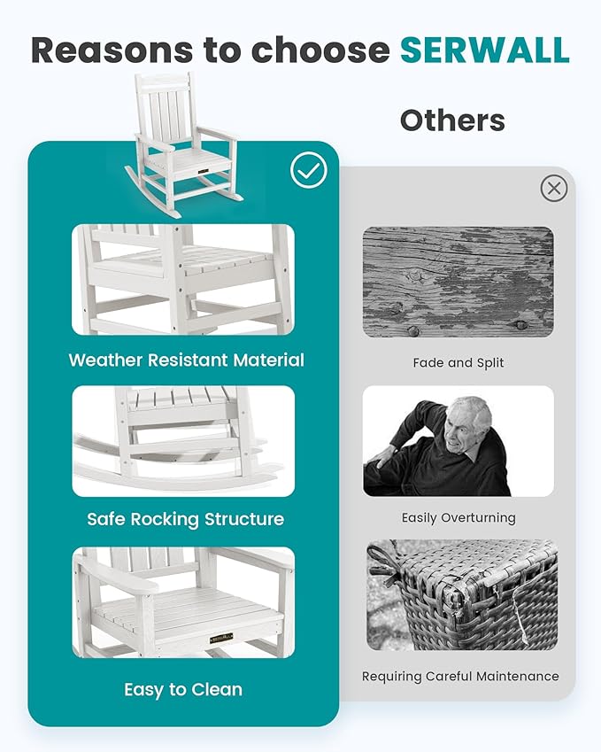 SERWALL Outdoor Rocking Chair, HDPE Patio Rocking Chair All-Weather Porch Rocker for Balcony, Yard, White