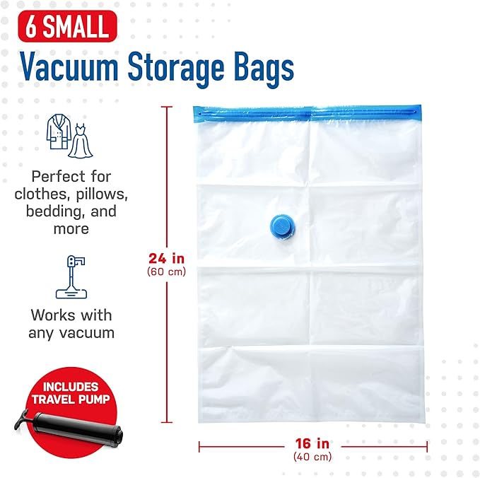 6 Pack Small Vacuum Storage Bags for Comforters, Blankets & Clothes – Vacuum Sealed Compression Bags with Hand Pump – Space Saver Storage Bags for Bedding, Moving, Travel & Organization