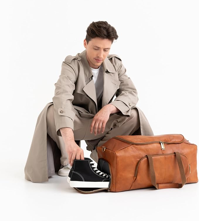 Berliner Bags Vintage Genuine Leather Duffle Denver XL for Travel or the Gym, Weekender Bag with shoe compartment, Overnight Bag for Men and Women - Brown