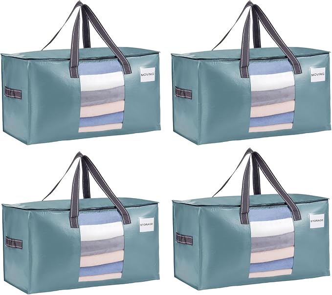 VENO 4 Pack Moving Bags, Comforter and Blanket Storage Bags for Closet, Moving Boxes, Boxes with Lids Alternative, College Dorm Packing Supplies, Foldable Heavy-Duty Tote (Shiny Light Blue, 4 Pack)