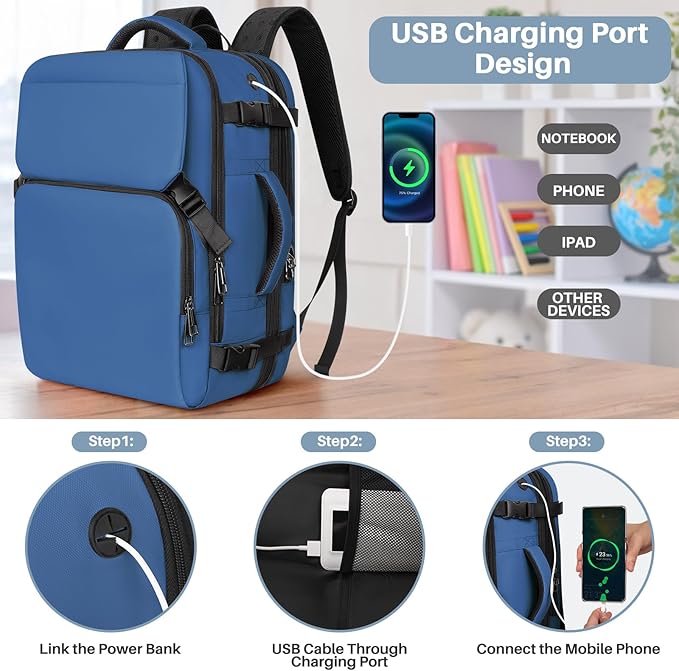 Travel Backpack Carry On Flight Approved, Lightweight Large Travel Backpack, Expandable with USB Charging Hole, Waterproof Causal Bookbag for Travel Work College Fits 17 inch Laptop, Blue