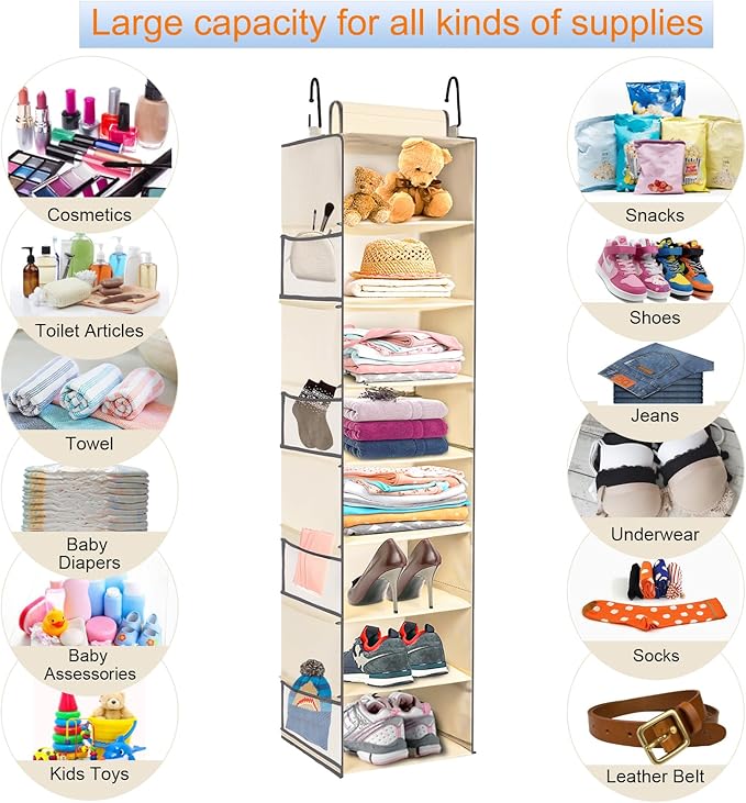 2 Pack Large-Sized Hanging Shoe Organizer 8-Shelf, Hanging Closet Organizer with 8 Side Pockets, Wider Hanging Shelves for Storage Shoes Clothes 9" W × 11.8" D× 48" H, Beige.