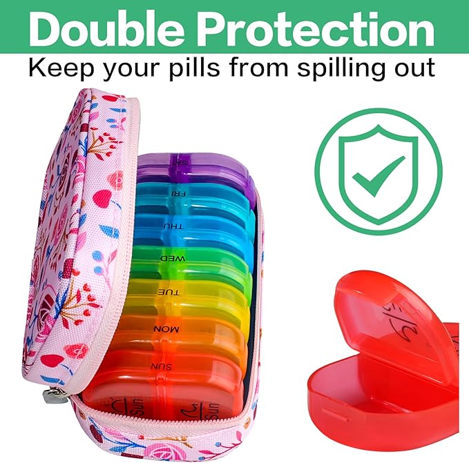Serfeymi Weekly Travel Pill Organizer 2 Times A Day AM PM Upgraded Rainbow Pill Box 7 Day with Portable Zipper Canvas Pill Case, Medicine Organizer for Pills, Vitamins, Fish Oils - Pink 01