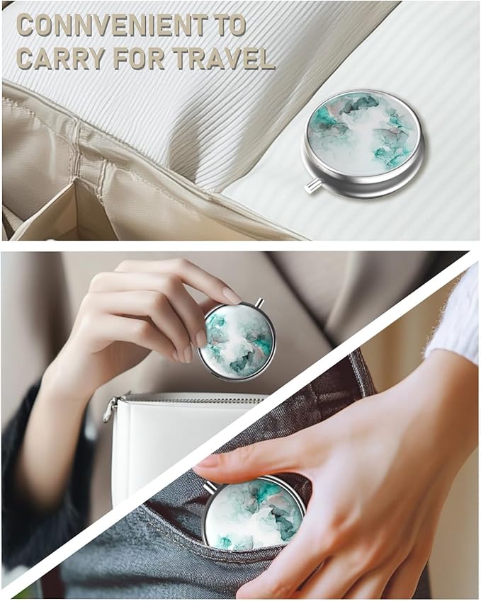 Pill Box, 3 Compartment Portable Travel Medicine Box with Mirror, Compact and Cute, Fits in Purse and Pocket, Medicine and Vitamin Organizer (Green White Marble)