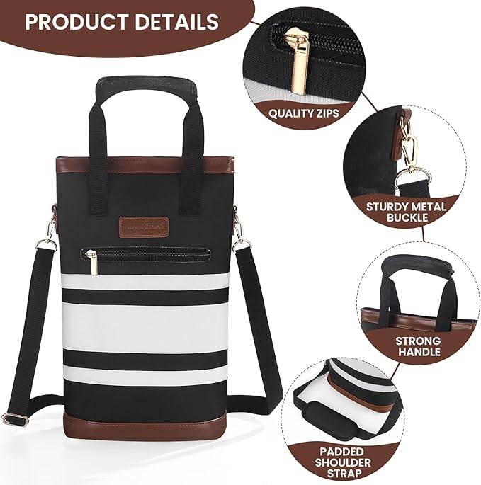 2-Bottle Insulated Wine Carrier Tote - Leakproof Padded 900D Oxford Cooler Bag for Travel, Picnics, Beach & Parties