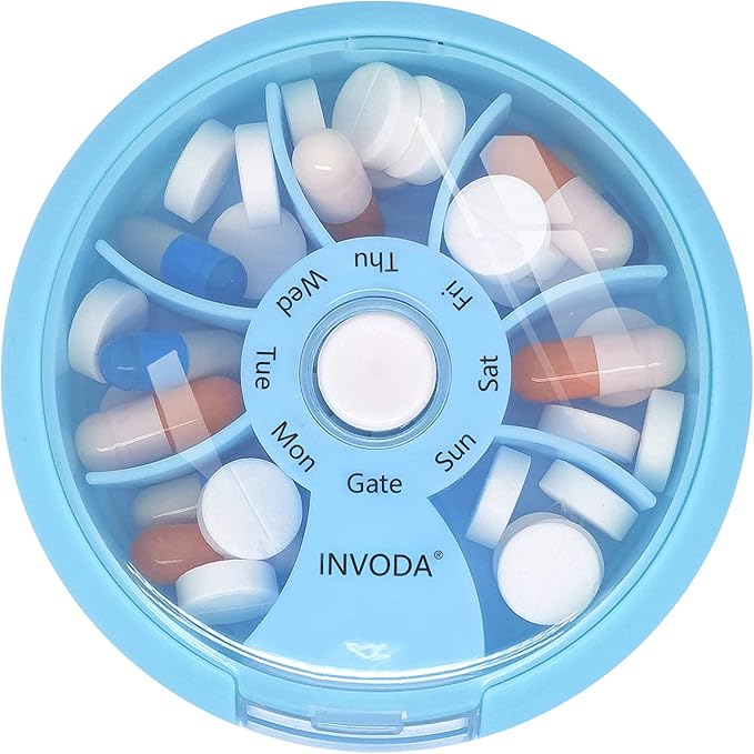 INVODA Weekly Pill Organizer 7 Compartment Rotating Pill Box for Daily Medication & Vitamins - Portable Travel Pill Case Fish Oil Supplements Vitamins Organizer (Sky Blue)