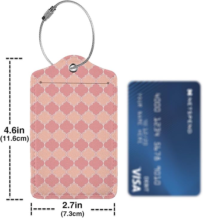 Pink Moroccan Plaid 2 Pack Luggage Tag for Suitcase, Leather Bag Tags Identifiers Privacy Cover ID Label with Steel Loop for Women Men Kids Girls Travel