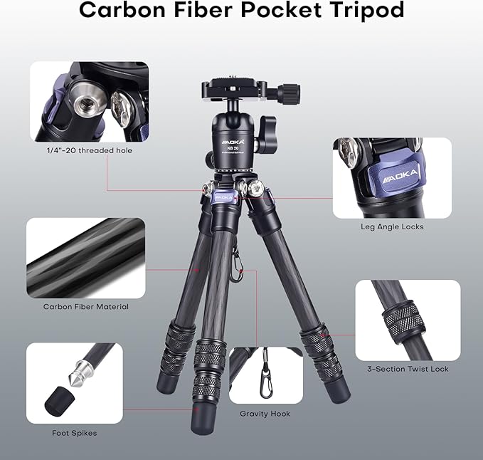 AOKA 15.75in/0.99lb Mini Carbon Fiber Tripod, Compact Pocket Travel Tabletop Tripod Stand for Phone, SLR, Digital Camera,Projector, Webcam, with Metal Phone Mount & Extended Center Shaft Rod