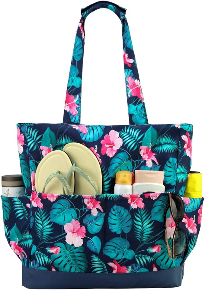 VASCHY Beach Bag for Women, Large Waterproof Sandproof Fold-able Packable Pool Tote Bag w Zipper/Pockets